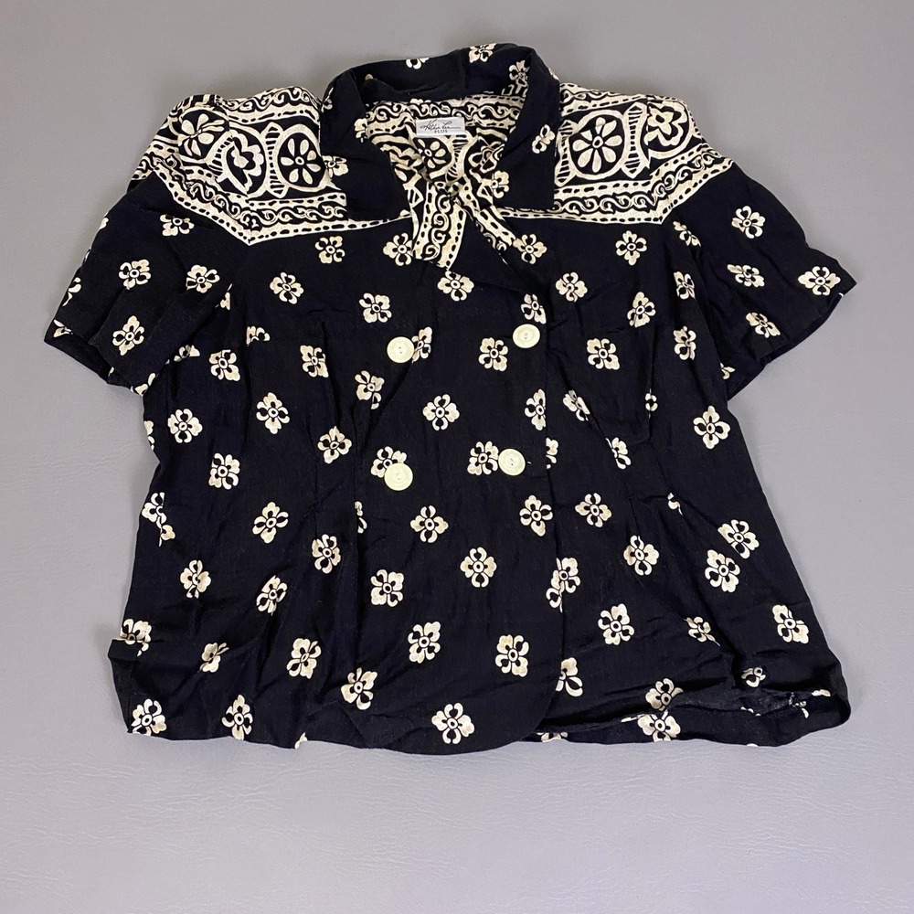 Vintage Kathie Lee Blouse 2X Plus 90s Black Floral Double Breasted Short Sleeve